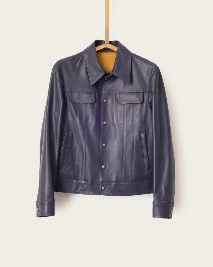 image of mens navy leather blouson jacket with four pockets and snap front 