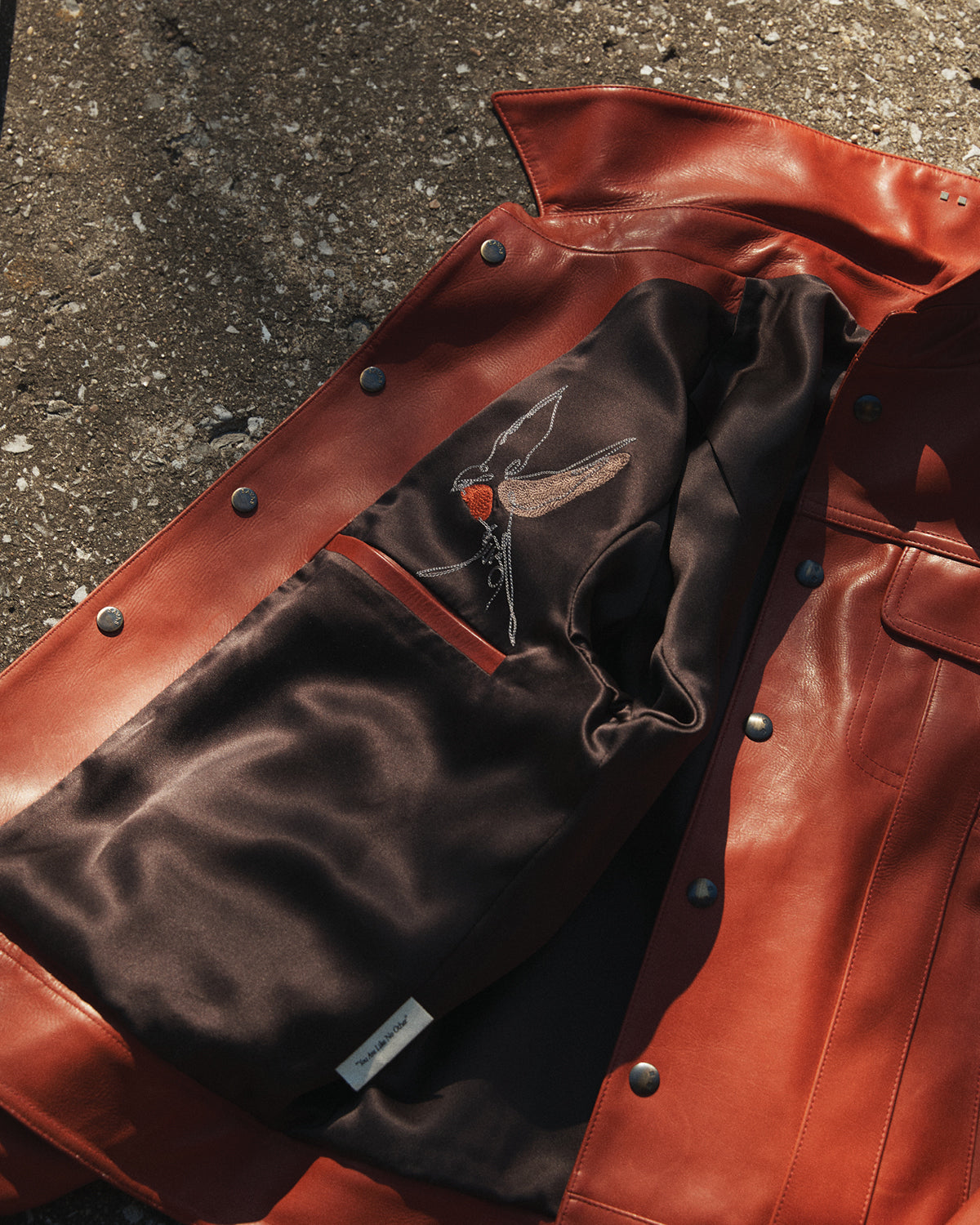 the embroidered inside lining of a Savas jacket in rust color